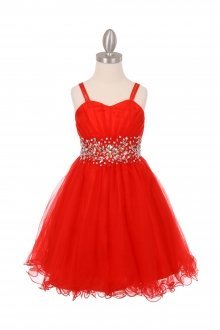 Red Sleeveless Mesh Junior Bridesmaid Dress with Beaded Waistline